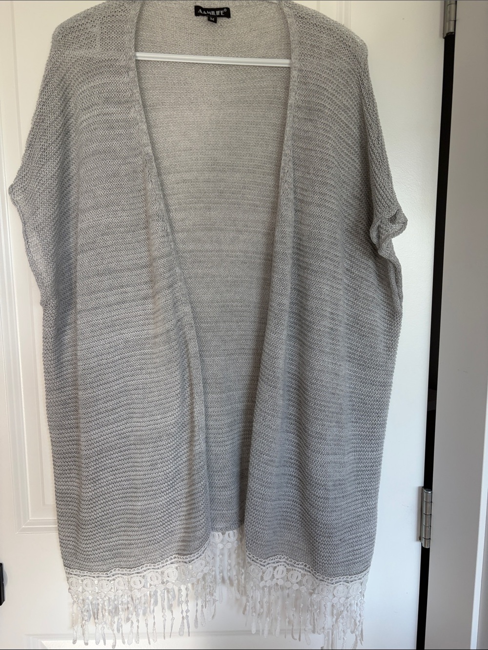 Avenue Light Gray Open-Front Knit Cardigan with Lace Fringe.  C13
